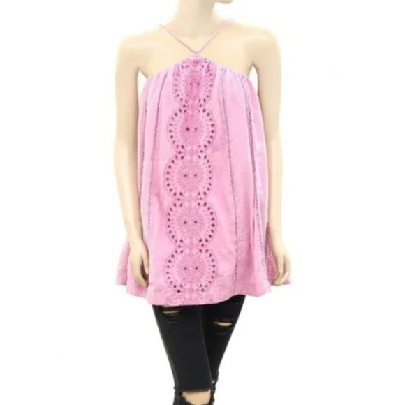 Free People Paloma Mini Dress Eyelet Embroidered Pink Halter Swing S NWT - Picture 3 of 5